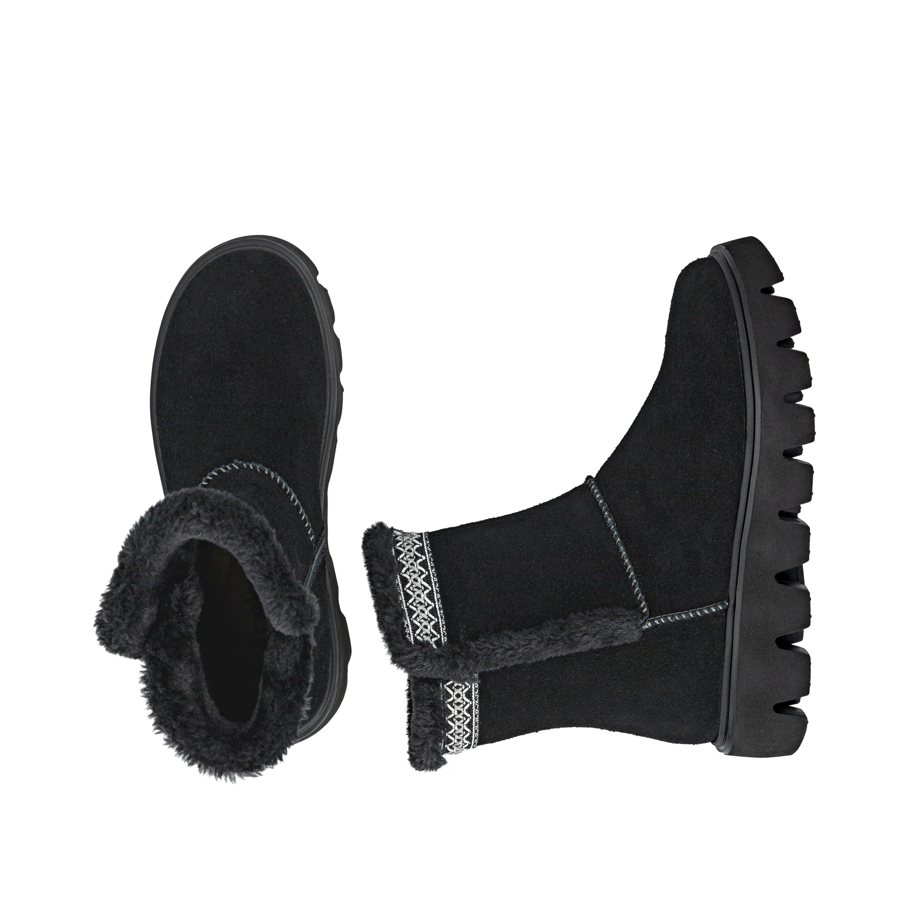 Schwarze Rieker Damen Kurzstiefel W2075-00 aus Rauleder mit Schaftkragen. Schuh von oben, liegend.