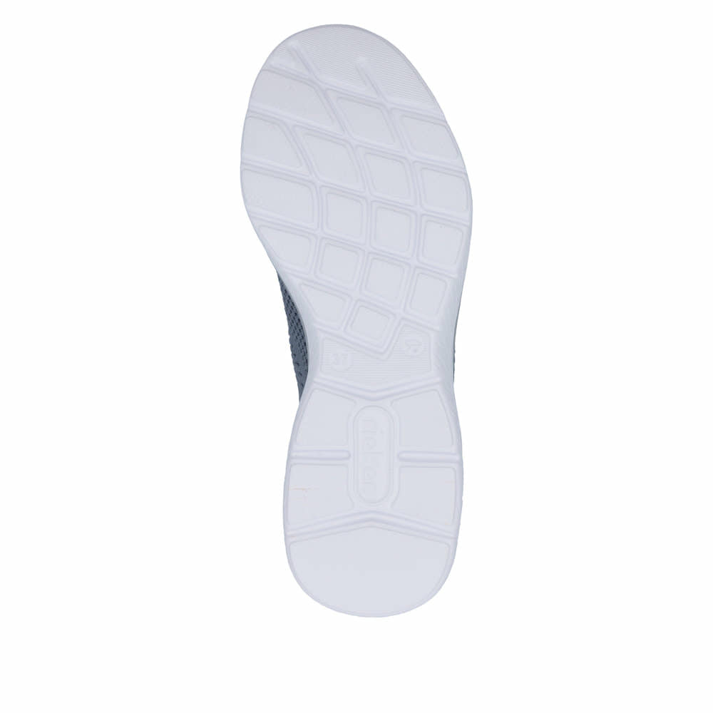 Chaussons Rieker bleus pour femme M5072-10 avec bande élastique. Semelle extérieure de la chaussure.