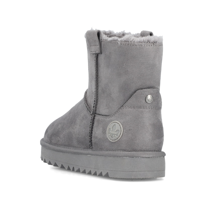 Graue Rieker Damen Kurzstiefel 99870-45 mit Fellschaftrand sowie Komfortweite G. Schuh von hinten.