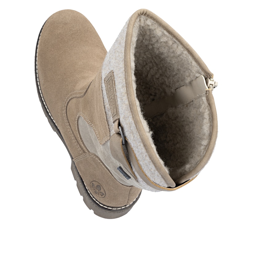 Beige Rieker Damen Hochschaftstiefel Y8153-64 aus Rauleder. Schuh von oben, liegend.