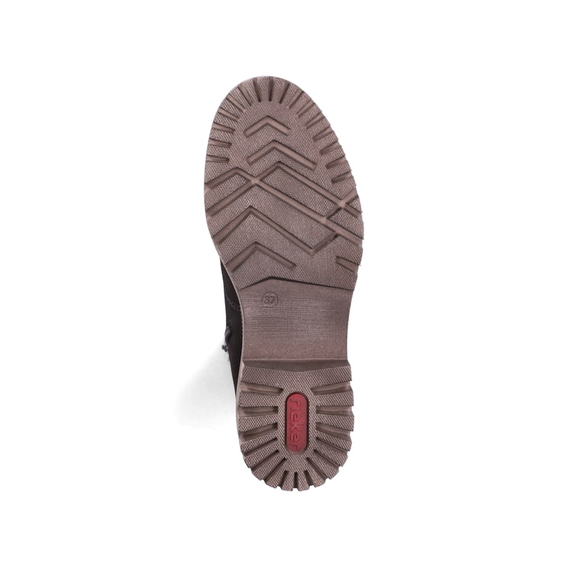 Dunkelbraune Rieker Damen Biker Boots Y7622-25 mit einem Reißverschluss. Schuh Laufsohle.