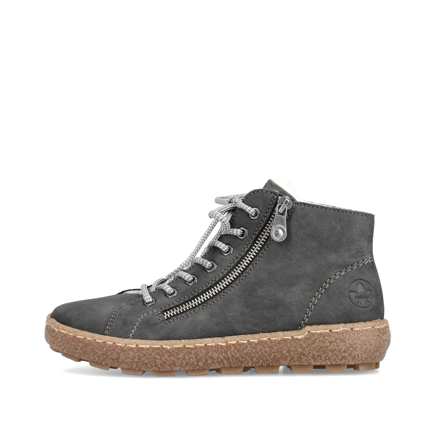 Asphaltgraue Rieker Damen Schnürschuhe N1020-45 mit Schnürung und Reißverschluss. Schuh Außenseite