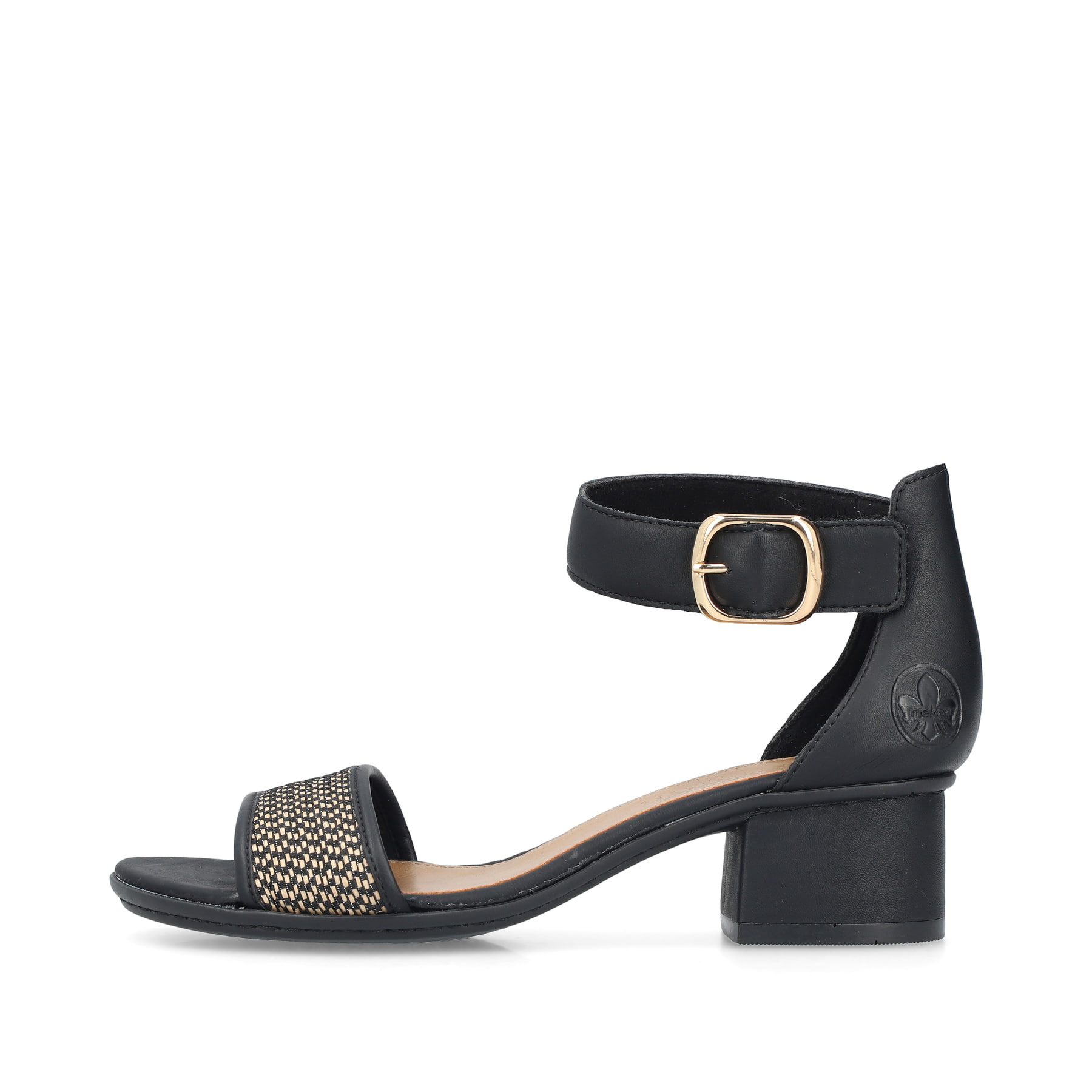 Schwarze Rieker Riemchensandaletten 64952-00 mit trendigen Schnalle. Schuh Außenseite.