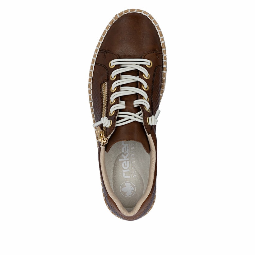 Braune Rieker Damen Sneaker Low M2940-22 aus Glattleder mit einem Reißverschluss. Schuh von oben.