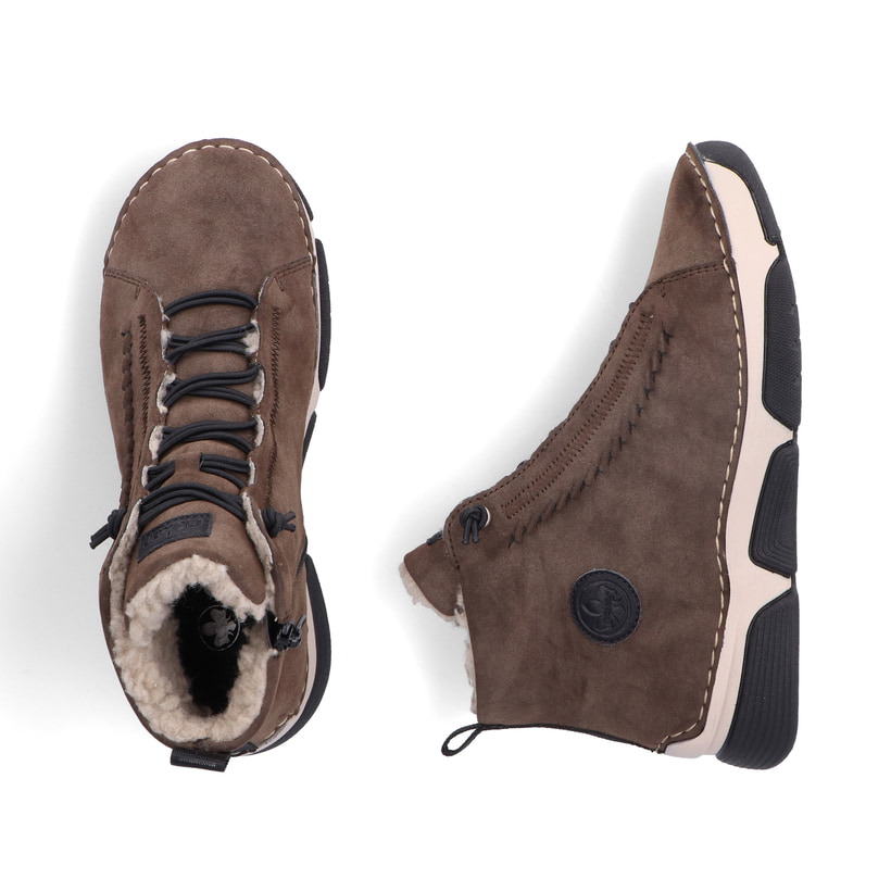 Dunkelbraun-schwarze Rieker Damen Schnürstiefel 45912-25 mit Anflechter-Naht. Schuh von oben, liegend.