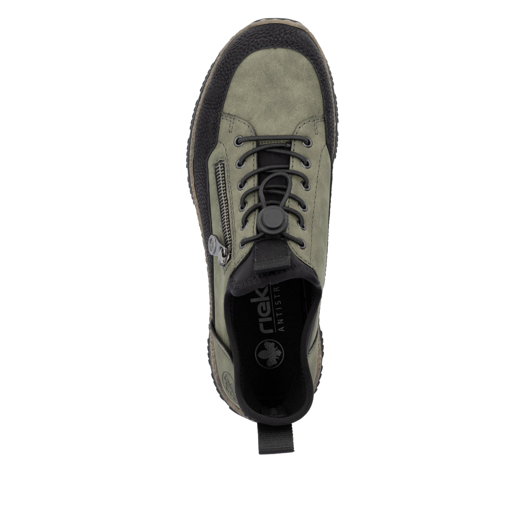 Kaktusgrüne Rieker Damen Slipper N32G3-54 mit einer Gummischnürung. Schuh von oben.