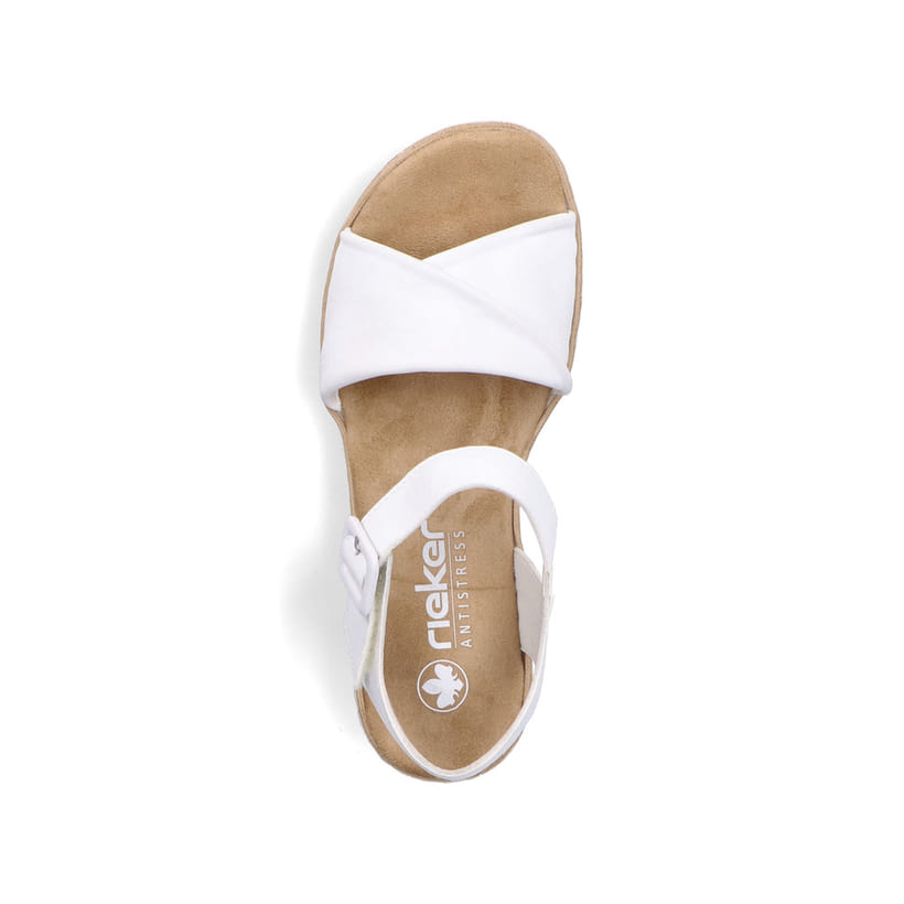 Weiße Rieker Keilsandaletten V3691-80 mit trendiger Schnalle. Schuh von oben.