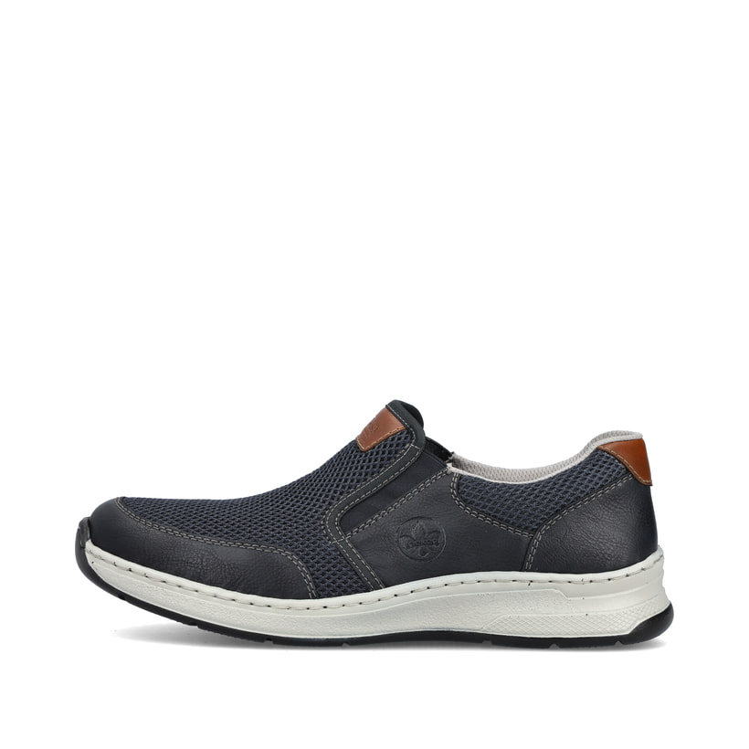 Blaue Rieker Herren Slipper 14363-14 mit einem Gummizug sowie der Extraweite H. Schuh Außenseite.