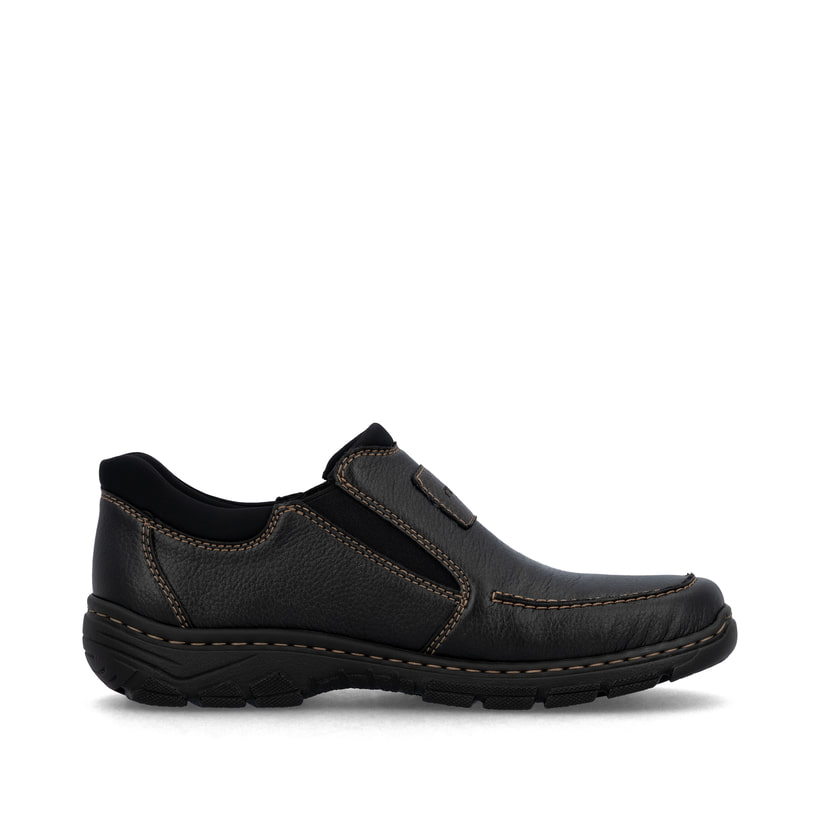 Mocassins Rieker noirs pour hommes 19961-03 avec bande élastique. Côté intérieur de la chaussure.