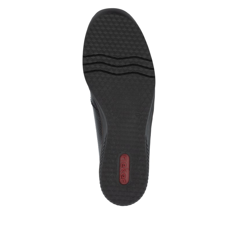 Rote Rieker Damen Slipper 48761-35 mit einem Gummizug sowie schmaler Passform E. Schuh Laufsohle.