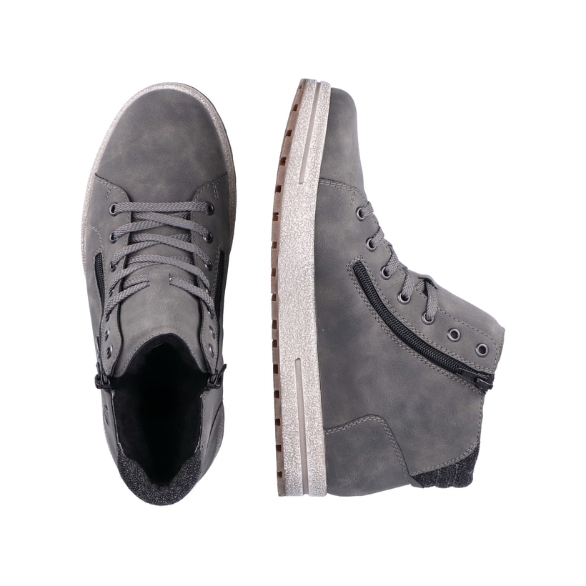 Graue Rieker Herren Schnürstiefel 30721-45 mit wasserabweisender TEX-Membran. Schuh von oben, liegend.