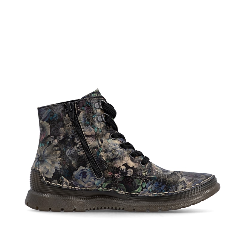 Schwarze Rieker Damen Schnürstiefel 53632-90 mit floralem Aufdruck. Schuh Innenseite.