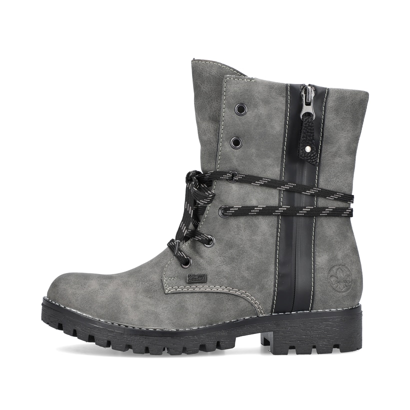
Mondgraue Rieker Damen Schnürstiefel 785K0-45 mit Schnürung und Reißverschluss. Schuh Außenseite