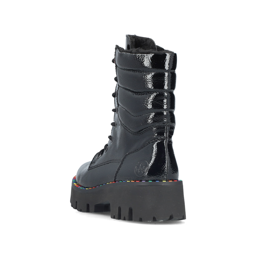 Schwarze Rieker Damen Schnürstiefel Y3330-00 mit einem Reißverschluss. Schuh von hinten.
