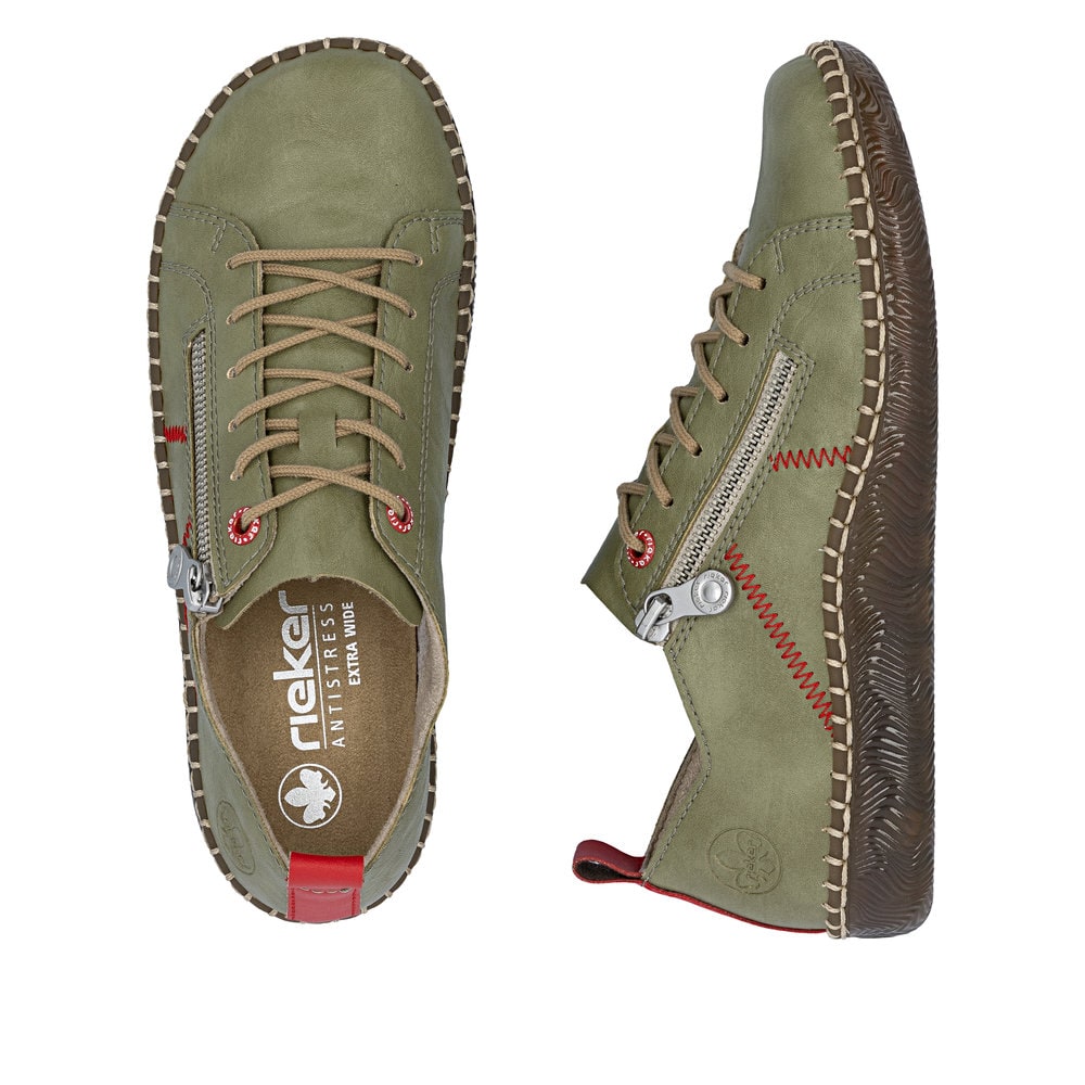 Grüne Rieker Damen Schnürschuhe N2401-54 mit modernen Ziernähten. Schuh von oben, liegend.