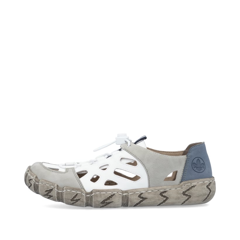 Weiße Rieker Damen Slipper L0358-80 mit Gummizug sowie extra weicher Decksohle. Schuh Außenseite.
