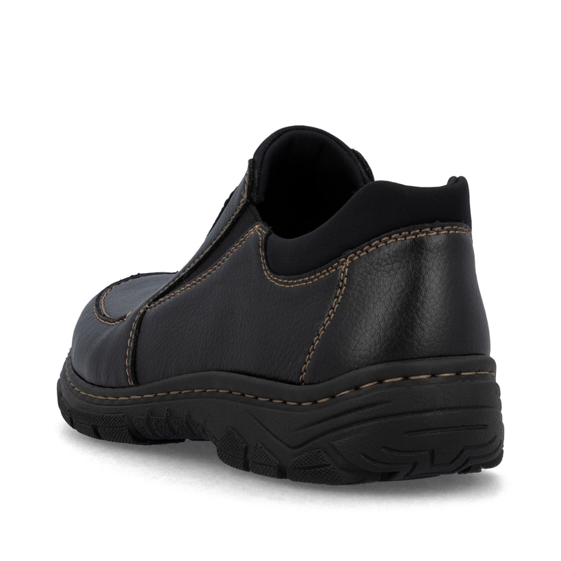 Mocassins Rieker noirs pour hommes 19961-03 avec bande élastique. Chaussure vue de l'arrière.