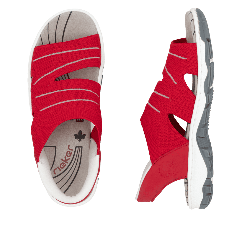 Rote vegane Rieker Damen Trekkingsandalen 68895-33 mit Ready2GO Slip-in Funktion. Schuh von oben, liegend.