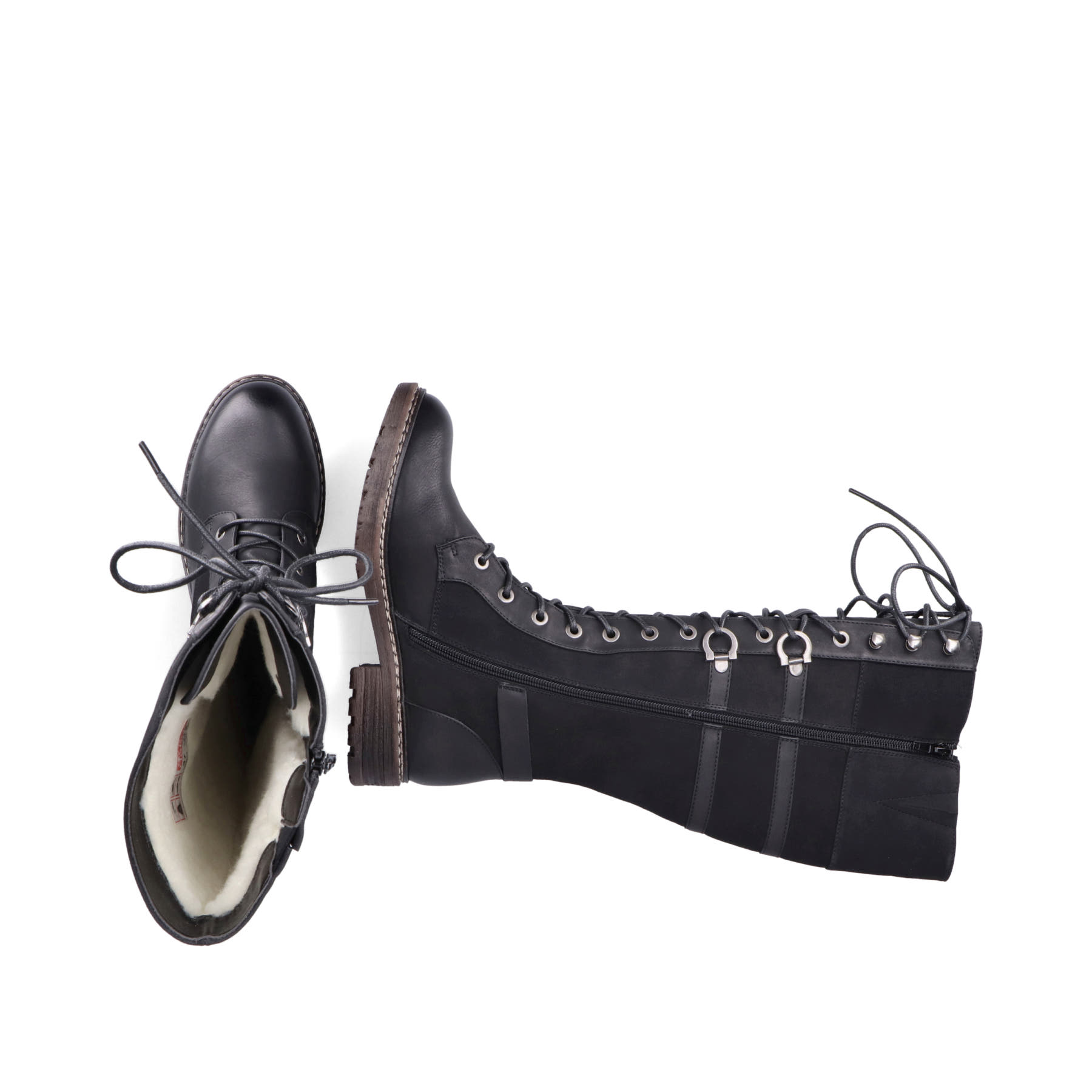 Schwarze Rieker Damen Hochschaftstiefel 94732-00 mit einem Reißverschluss. Schuh von oben, liegend.