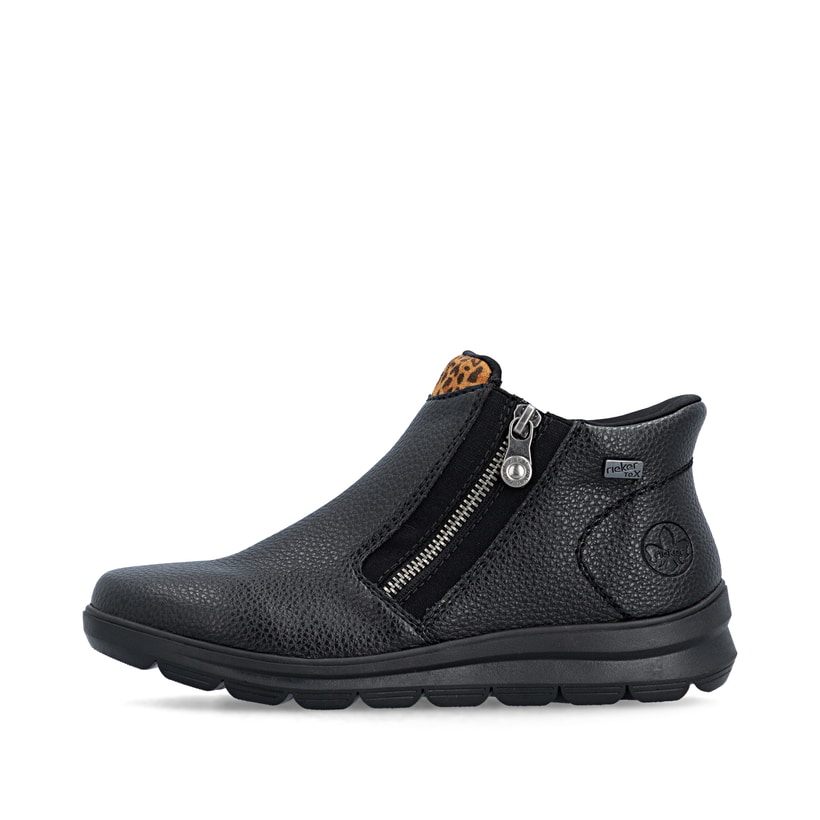 Schwarze Rieker Damen Kurzstiefel Z0059-00 mit wasserabweisender TEX-Membran. Schuh Außenseite.