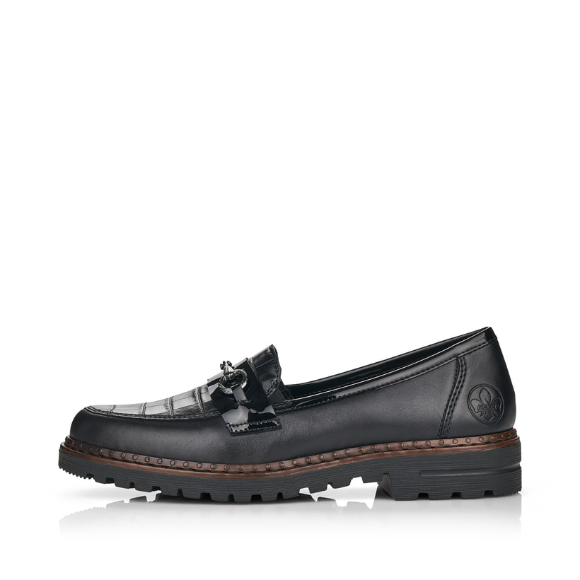 Graphitschwarze Rieker Damen Loafer 54862-01 mit einem Elastikeinsatz. Schuh Außenseite gespiegelt.