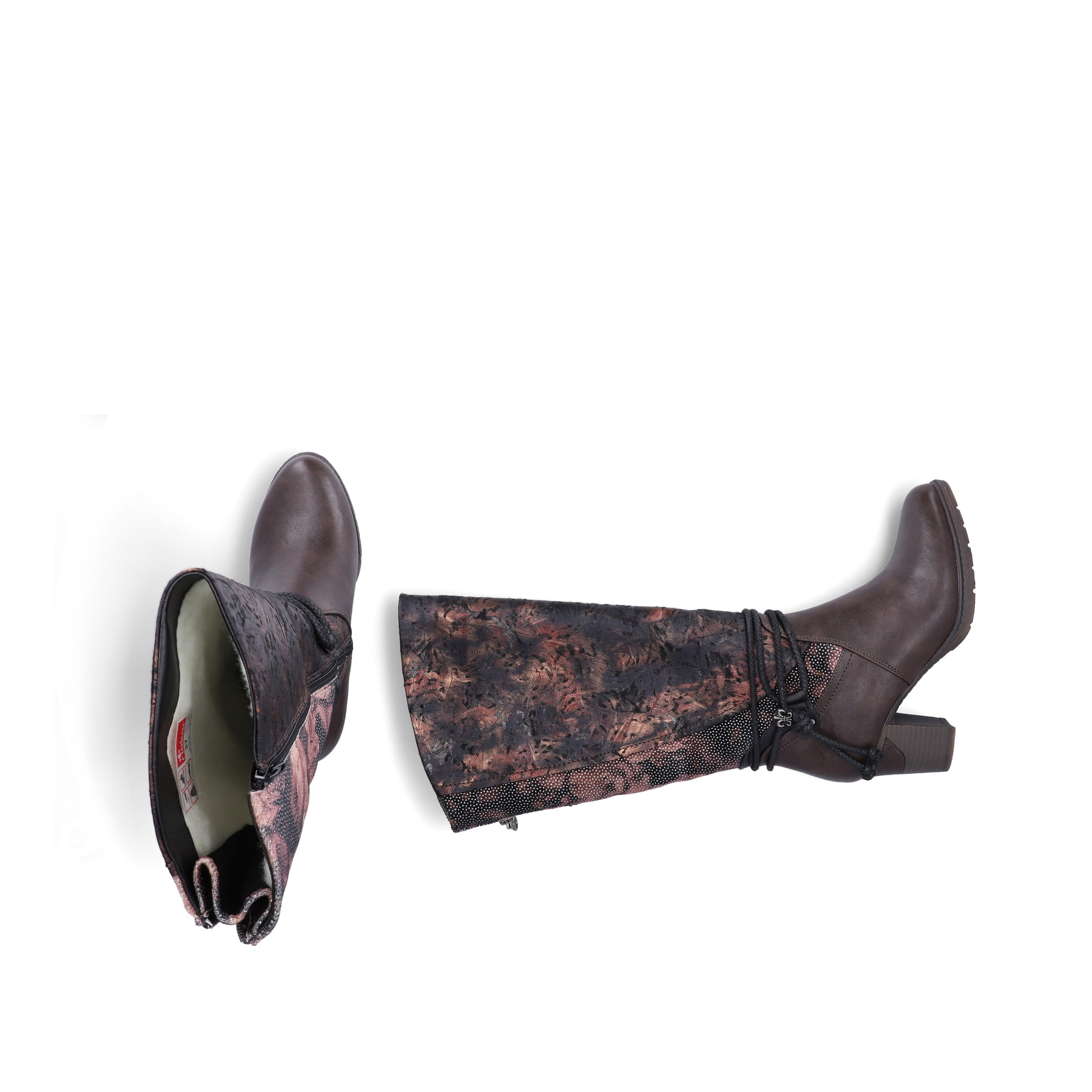 Brombeerfarbene Rieker Damen Hochschaftstiefel 96059-90 mit floralem Aufdruck. Schuh von oben, liegend.