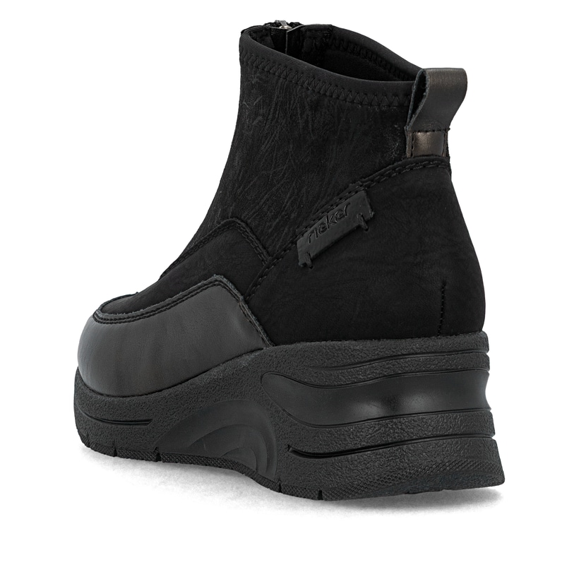 Schwarzbronzene Rieker Damen Sneaker High N9362-01 mit einem Reißverschluss. Schuh von hinten.