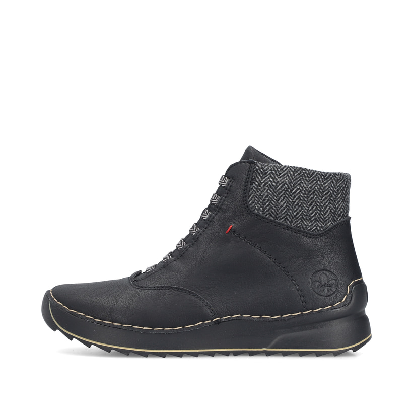 Schwarze Rieker Damen Schnürstiefel 51553-00 mit einem Reißverschluss. Schuh Außenseite.