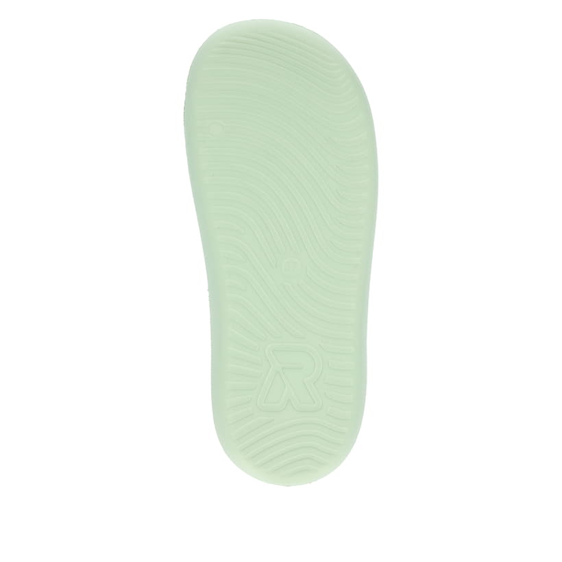 Grüne Rieker Damen Pantoletten W3350-52 mit flexibler und ultraleichter Sohle. Schuh Laufsohle.