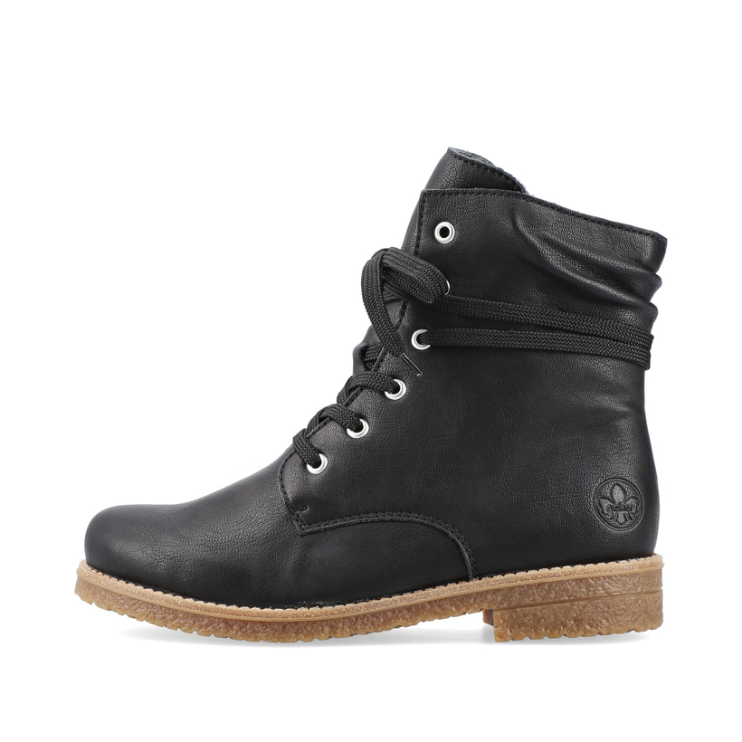 
Nachtschwarze Rieker Damen Schnürstiefel 73514-00 mit Schnürung und Reißverschluss. Schuh Außenseite