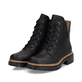Schwarze Rieker Damen Biker Boots 72617-00 mit Deko-Reißverschluss. Schuhpaar seitlich schräg.