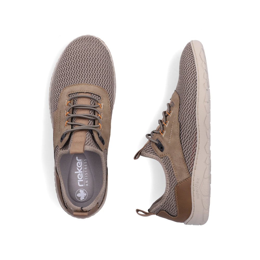 Beige Rieker Herren Slipper 08365-64, Barfußschuhe mit einem Gummizug. Schuh von oben, liegend.