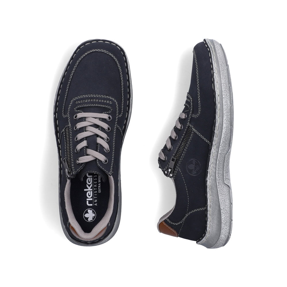 Blaue Rieker Herren Schnürschuhe 03030-14 mit modernen Ziernähten. Schuh von oben, liegend.