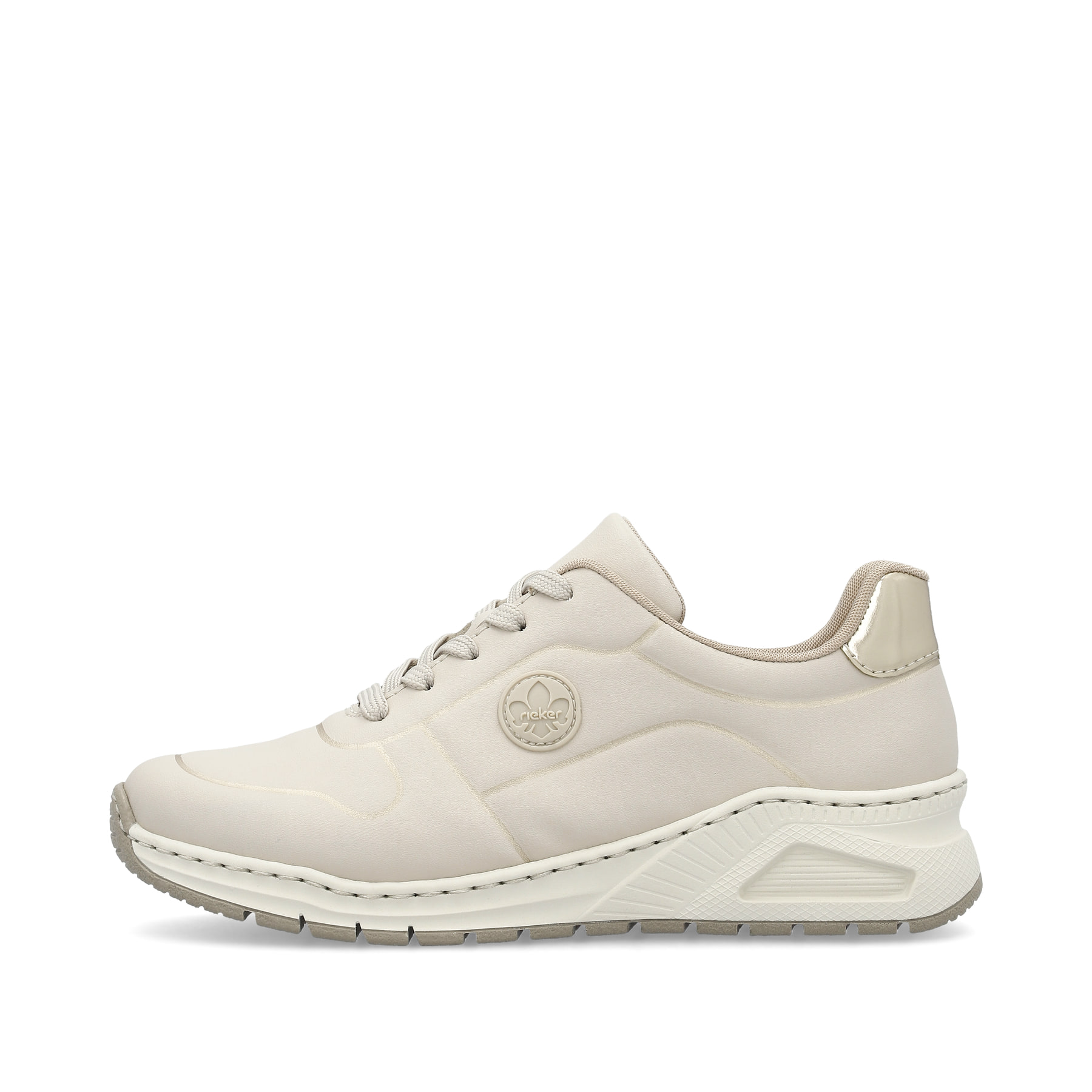 Beige Rieker Damen Sneaker Low M4903-60 mit einer Schnürung sowie Extraweite H. Schuh Außenseite.