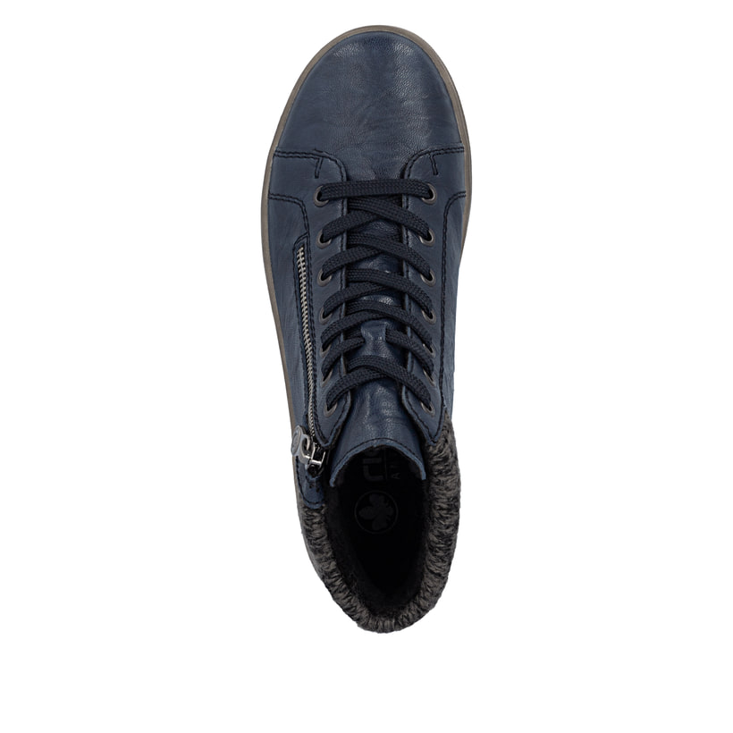 Dunkelblaue Rieker Damen Sneaker High X0709-14 aus Glattleder mit Reißverschluss. Schuh von oben.
