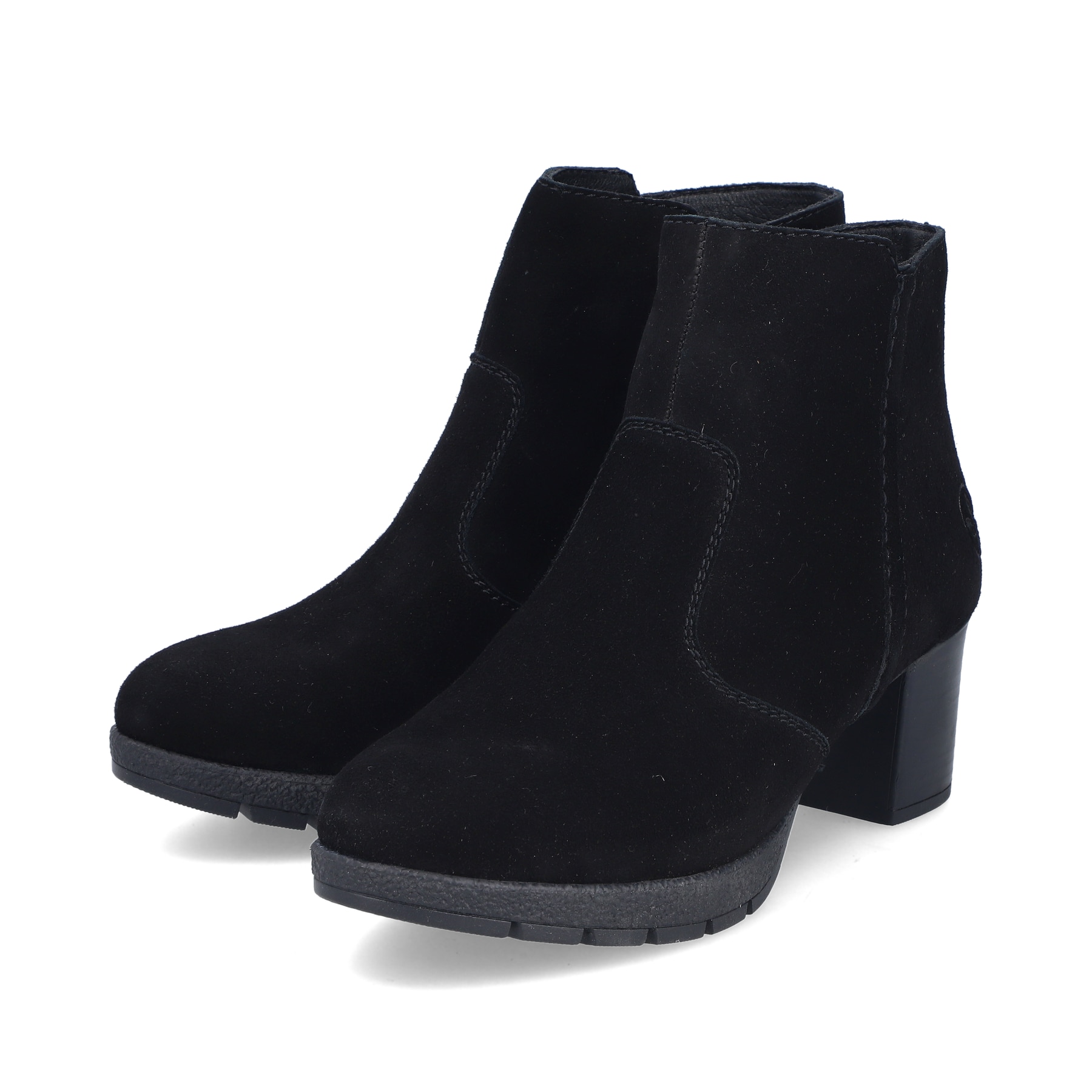Schwarze Rieker Damen Stiefeletten 77665-00 aus Rauleder mit Reißverschluss. Schuhpaar seitlich schräg.
