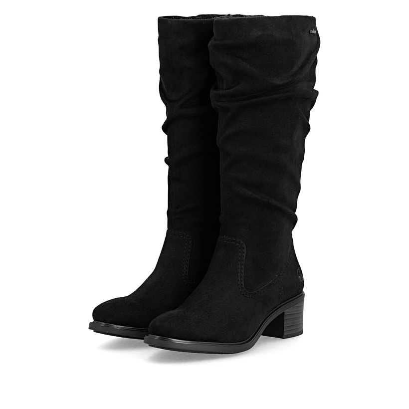 Schwarze Rieker Damen Hochschaftstiefel 74192-00 mit gerafftem Schaft. Schuhpaar seitlich schräg.