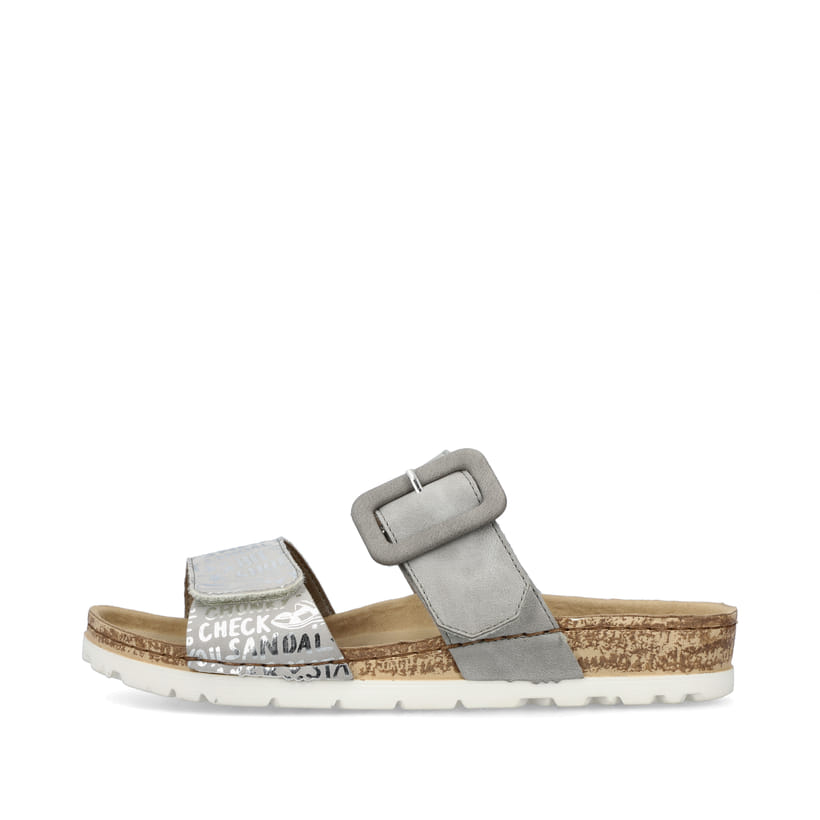 Graue Rieker Damen Pantoletten 69881-40 mit Klettverschluss sowie Textprint. Schuh Außenseite.