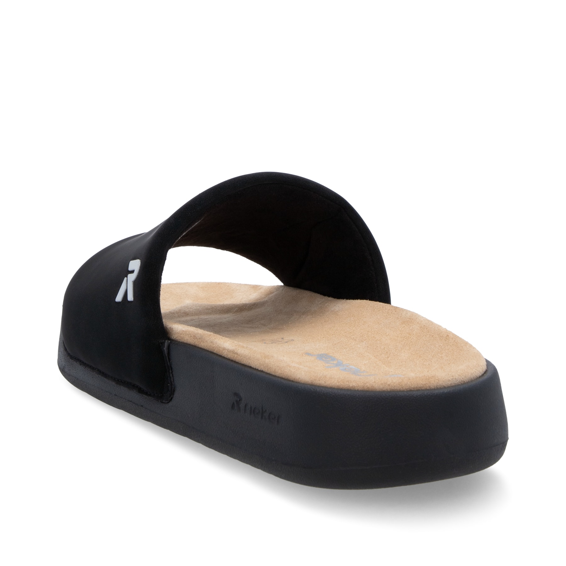 Schwarze Rieker Damen Pantoletten W3250-00 mit flexibler und ultraleichter Sohle. Schuh von hinten.