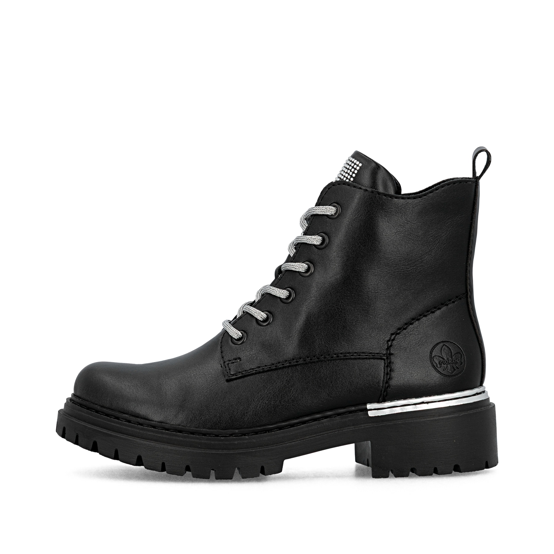 Schwarze Rieker Damen Biker Boots 72620-00 mit Strasssteinen. Schuh Außenseite.