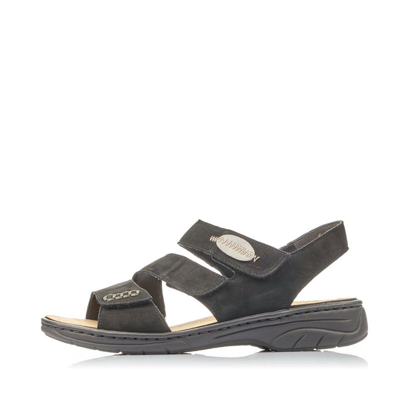 Schwarze Rieker Damen Riemchensandalen 64573-00 mit einem Klettverschluss. Schuh Außenseite.
