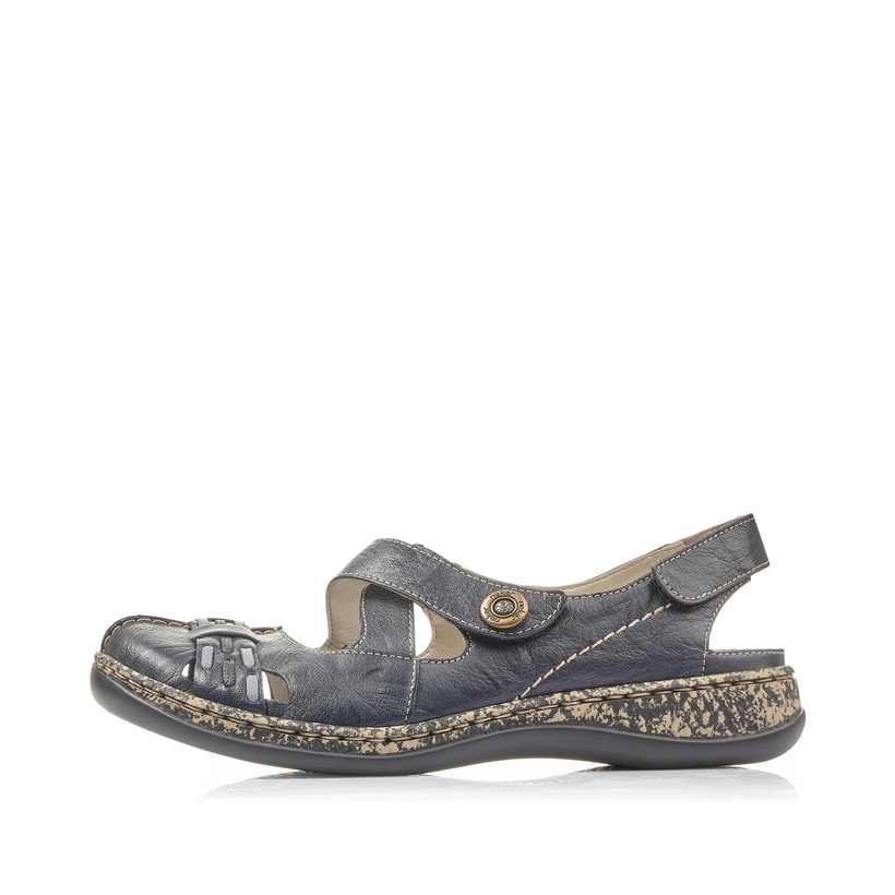 Blaue Rieker Ballerinas 46377-14 mit einem Klettverschluss. Schuh Außenseite.