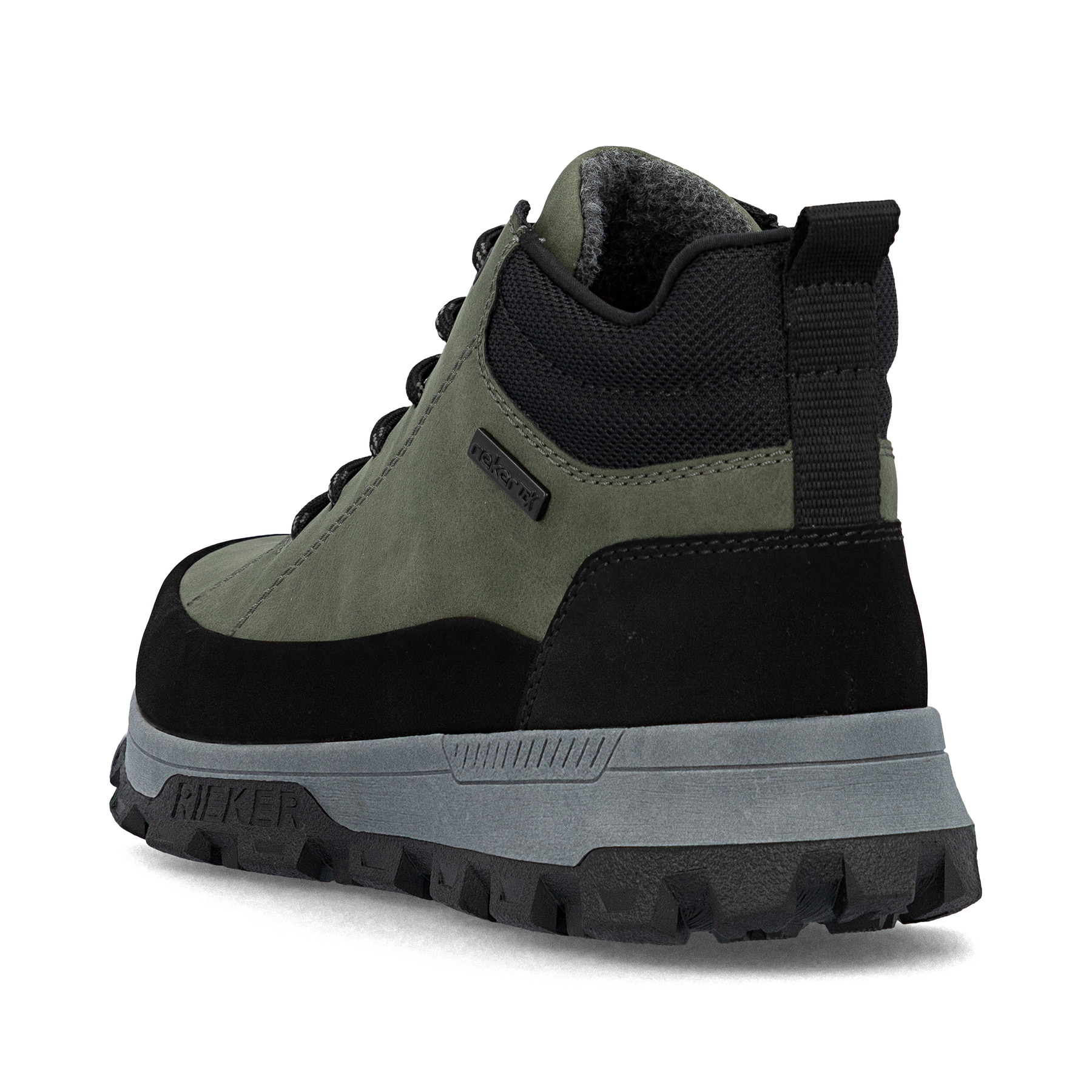Grüne Rieker Herren Schnürstiefel 35508-54 mit wasserabweisender TEX-Membran. Schuh von hinten.