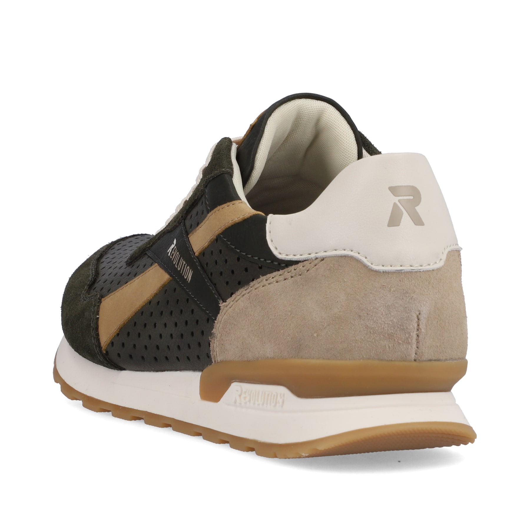 Grüne Rieker Herren Sneaker Low U0302-52 mit leichter und griffiger Sohle. Schuh von hinten.