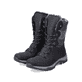 Tiefschwarze Rieker Damen Schnürstiefel M9643-01 mit Schnürung und Reißverschluss. Schuhpaar schräg.
