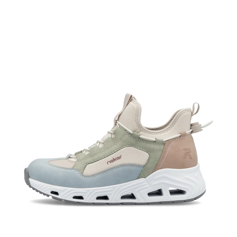 Mehrfarbige vegane Rieker Damen Sneaker Low N5254-90 mit einem Gummizug. Schuh Außenseite.