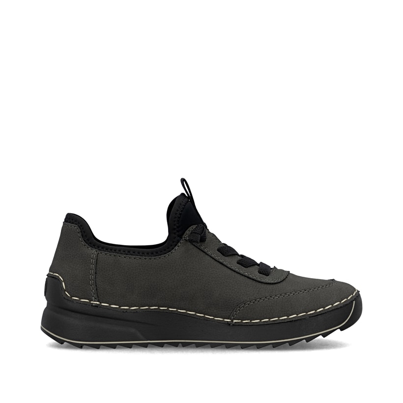 Mocassins Rieker gris pour femme 51568-45 avec logo brodé sur le côté. Intérieur de la chaussure.