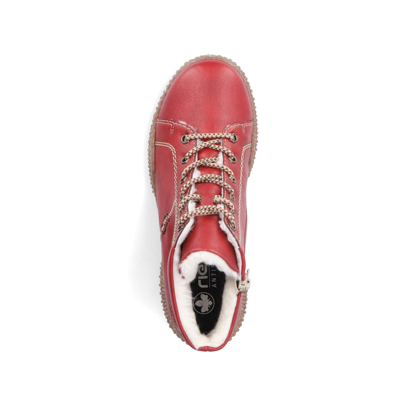 Erdbeerrote Rieker Damen Schnürstiefel Y8412-33 mit hellen Ziernähten. Schuh Laufsohle.