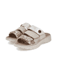 Beige Rieker Damen Pantoletten V8583-90 mit einem Klettverschluss. Schuhpaar seitlich schräg.