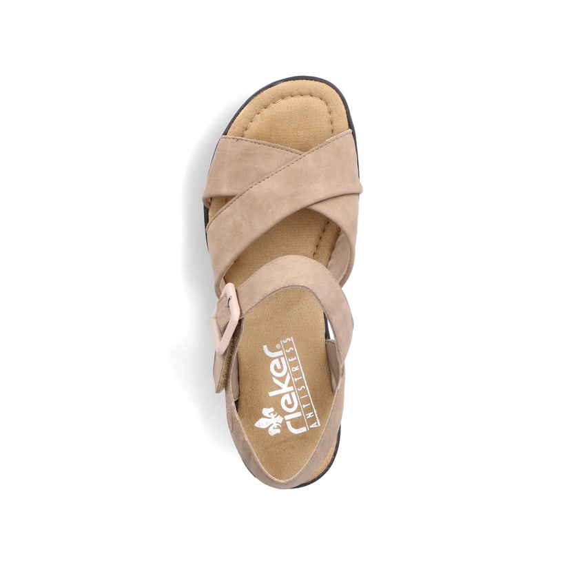 Beige Rieker Keilsandaletten 68163-62 mit trendigen Schnalle. Schuh von oben.